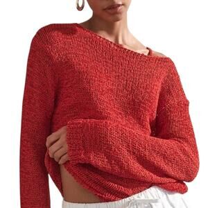J Crew Montauk Pullover Sweater Vintage Red Loose Knit Wide Neck Relaxed Small